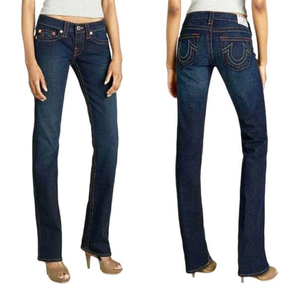 True Religion Johnny Dark Wash Orange & Gold Accent Straight Size 26/30 - Picture 6 of 9